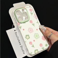 綠花粉鬱金香適用蘋果15PROMAX手機殼iPhone14簡約13個性12軟殼11