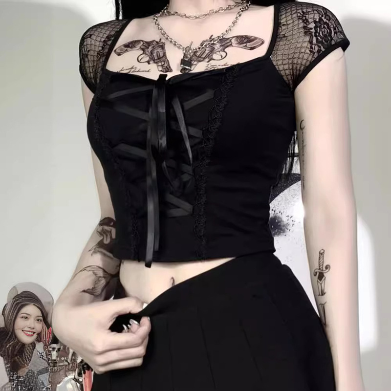 Qi Duo lace-up sexy hot girl short-sleeved T-shirt cross-border new fishing net Hollow hot lace edge American top for women Qi Duo lace-up sexy hot girl short-sleeved T-shirt cross-border new fishing net Hollow hot lace edge American top for women
