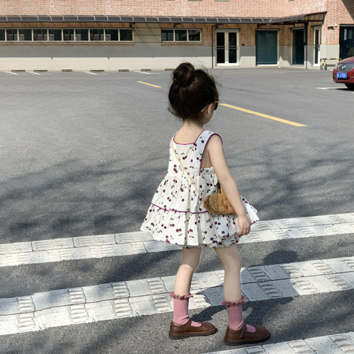 Korean Children's Summer  New Sweet Cherry Floral Pattern Little Girl Tank Top and Bunch Shorts Set Trendy