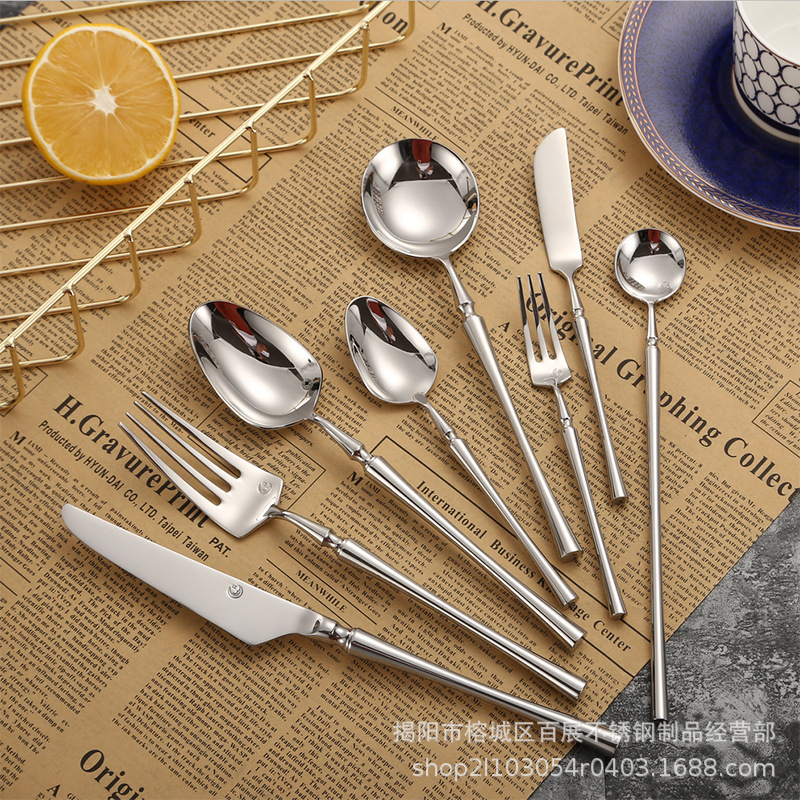 Elegant 304 stainless steel glossy Western steak knife, fork and spoon restaurant hotel supplies small waist tableware soup spoon