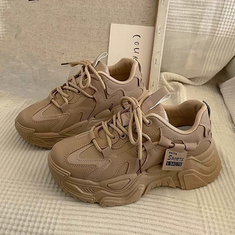 Platform Spring Sneakers, Korean Style, Women's Chunky Casual Sports Shoes, Leather & Mesh