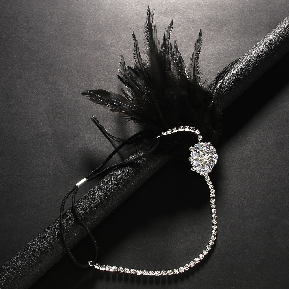 Feather headband European flower rhinestone headdress stage catwalk hair accessories antique style_voghion.com