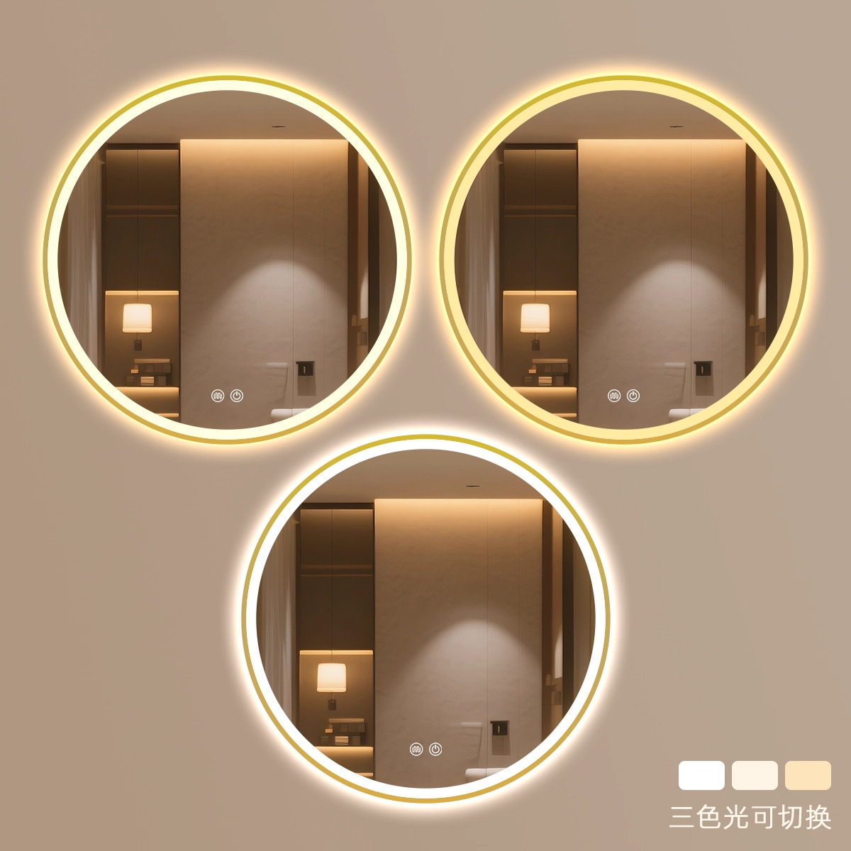 Espejo de baño inteligente Espejo circular Espejo de pantalla táctil Espejo luminoso Espejo de maquillaje montado en la pared Espejo de maquillaje anti-fog