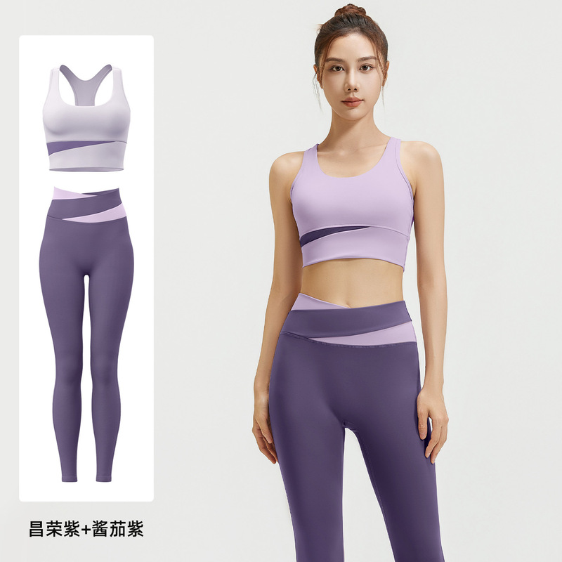 Juyitang カラーブロックハイウエストおなかコントロールヨガウェア耐衝撃スポーツスーツタイトなヒップリフティングヌードフィットネスウェア女性用|undefined