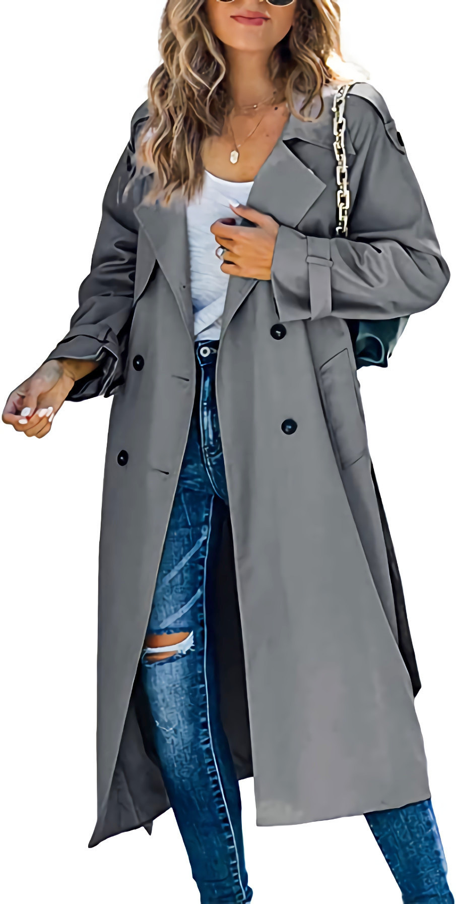 Women's windbreaker long elastic belt casual solid color windbreaker coat in autumn and winter_voghion.com