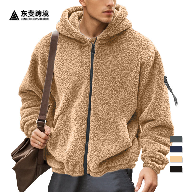 2023 chaqueta transfronteriza de otoño e invierno para hombres nueva chaqueta europea y americana de doble cara de terciopelo ártico con capucha de color sólido con cremallera casual para hombres