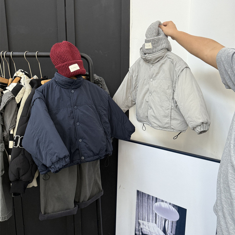防水男児冬型厚手綿服コート子供純色偽2枚綿保温高襟綿服パン服|undefined