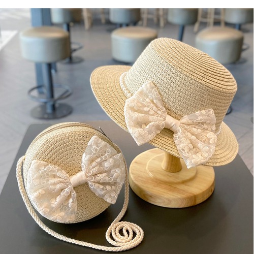 Children's sun protection hat, summer girl's sunshade straw hat bag set, baby girl's fashionable lace princess beach hat