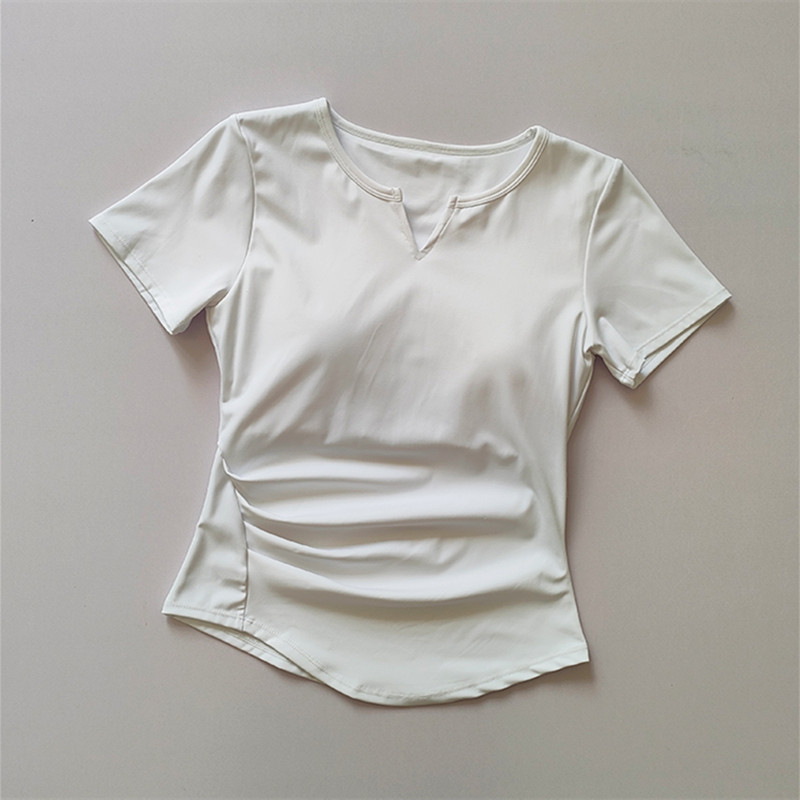 Women's Yoga Clothes with Chest Mat Summer 2023 New V-neck Thin Running Sports Casual Short-sleeved T-shirt Fitness Top