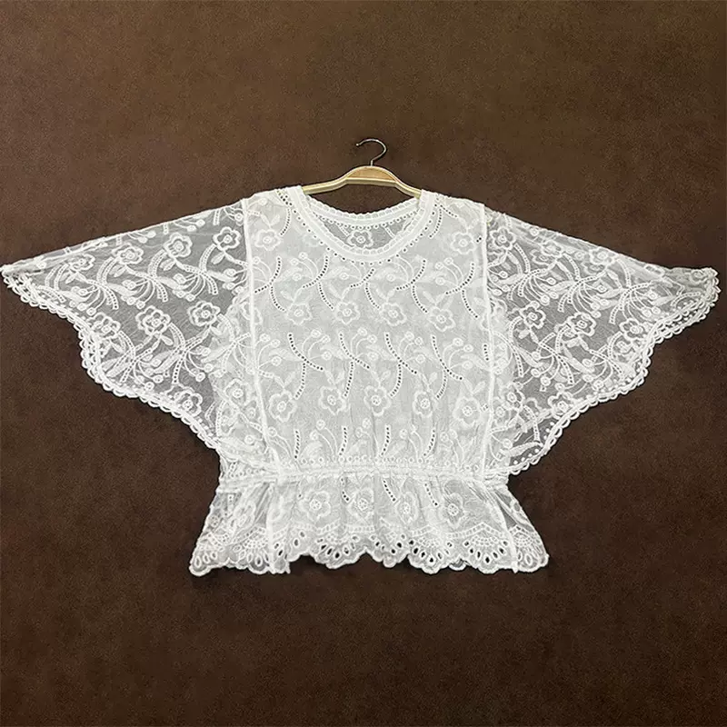 超仙大码2025春夏洋气蕾丝上衣女衫新款显瘦小衫女洋气韩范蝙蝠衫