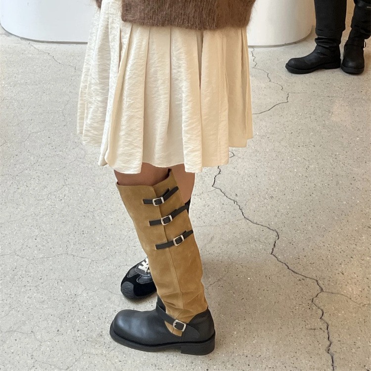 牛皮版~车静媛同款拼色骑士靴女2025款厚底西部堆堆靴麂皮长筒靴|undefined