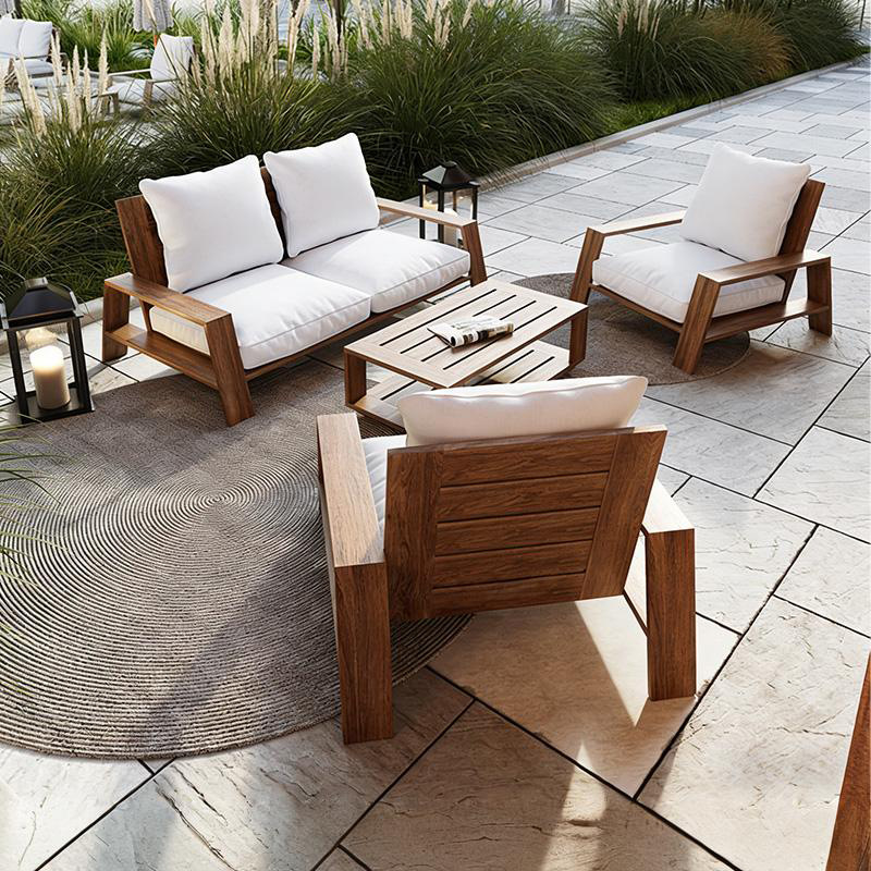 Sofá de teca de alta gama al aire libre combinación de mesa de té patio al aire libre hotel de ocio muebles impermeables y protectores solares
