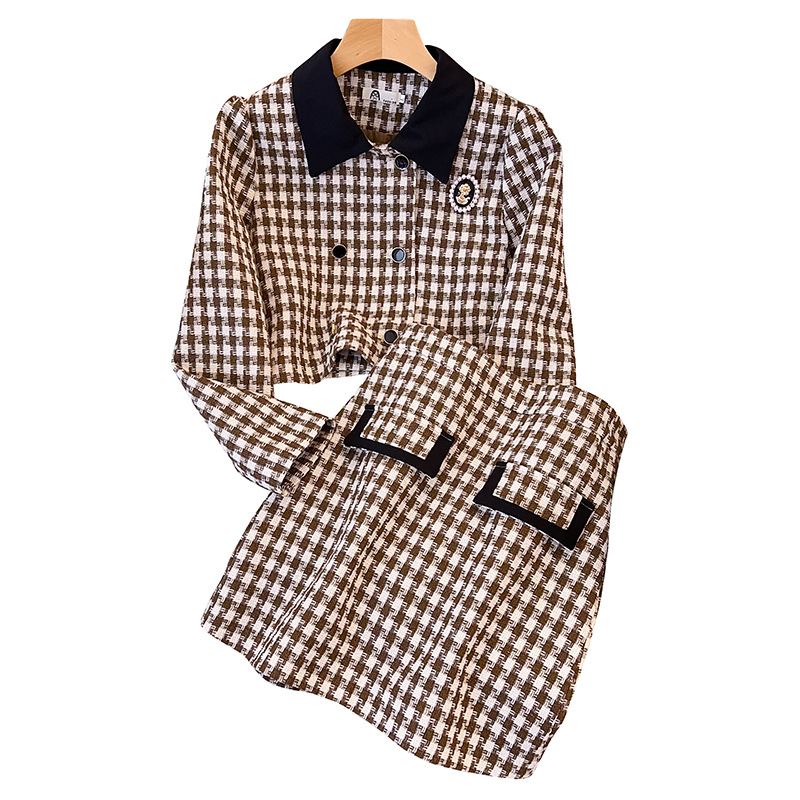 Moteriški drabužiai rudeniui, nauji dideli dydžiai, šiek tiek stori moteriški drabužiai, mažo stiliaus trumpas švarkas + sijonas, dviejų dalių kostiumas, storas mm kostiumas_voghion.com