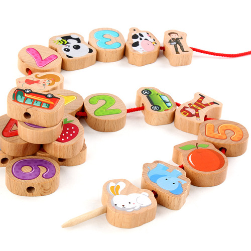 Baby beaded children's early education educational beaded threading beads large particle solid wood building blocks toddlers 1-3 years old toys
