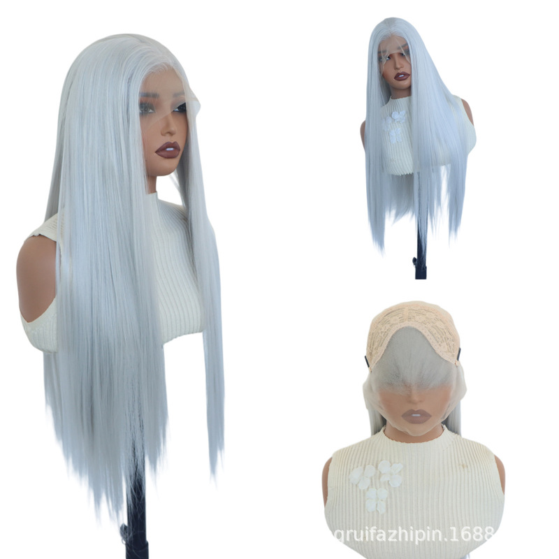 Frontal lace silver-gray wig for women, middle-parted long straight hair, elegant full-head wig made of high-temperature synthetic fiber Frontal lace silver-gray wig for women, middle-parted long straight hair, elegant full-head wig made of high-temperature synthetic fiber