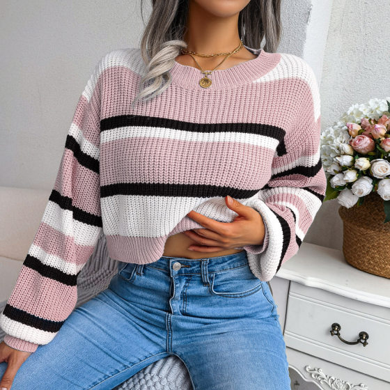 ins style Real shot 2023 autumn and winter Europe and the United States leisure striped long sleeve exposed umbilicus knitted sweater independent station cross-border women's clothing