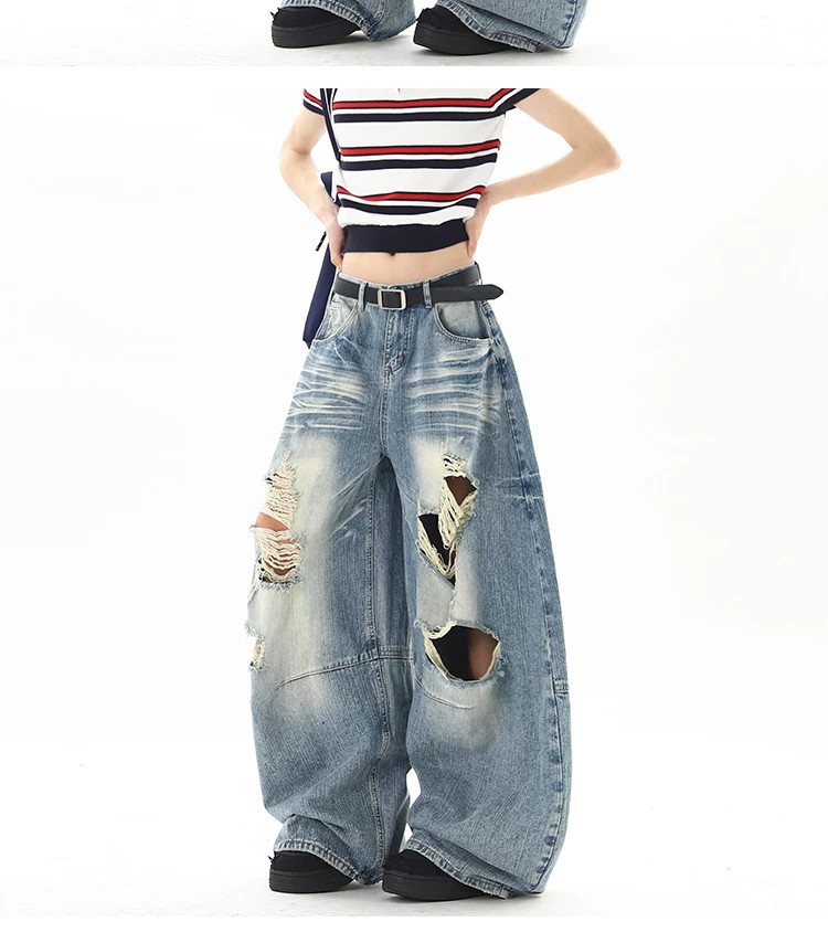 Men Women Washed Whiskering Ripped Jeans Street Style Summer New Retro Cool Scimitar Wide Leg Trousers_mkmklike.com
