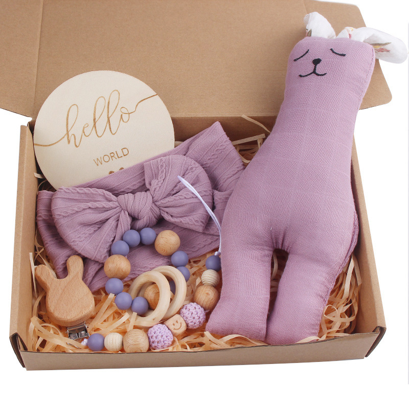 Clip de chupete de madera de haya de conejo de dibujos animados para bebés, banda para el cabello con lazo para bebés, cadena de chupete, juego de cinco piezas