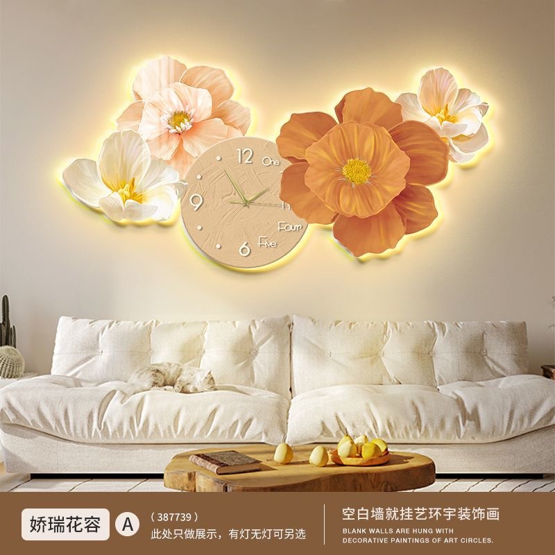 Cream viento sala de estar decoración pintura de fondo sofá colgar pintura de pared con reloj moderno minimalista floral LED pintura de lámpara luminosa