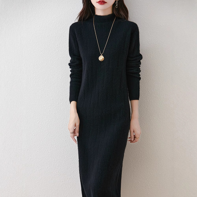 Wool Long Skirt with Front and Back Needles for Women, Autumn and Winter Sweater Skirt, Concave and Convex Texture Stitching, Lazy Style Knitted Dress