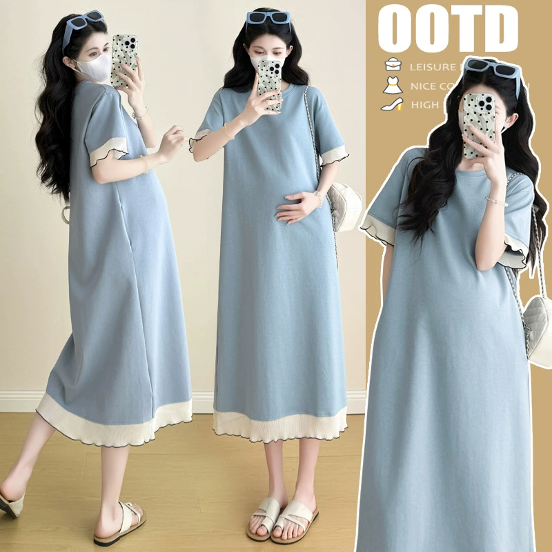 2025 Летняя одежда для беременных новый большой размер с короткими рукавами футболка юбка длинная повседневная свободная одежда для беременных мамочка