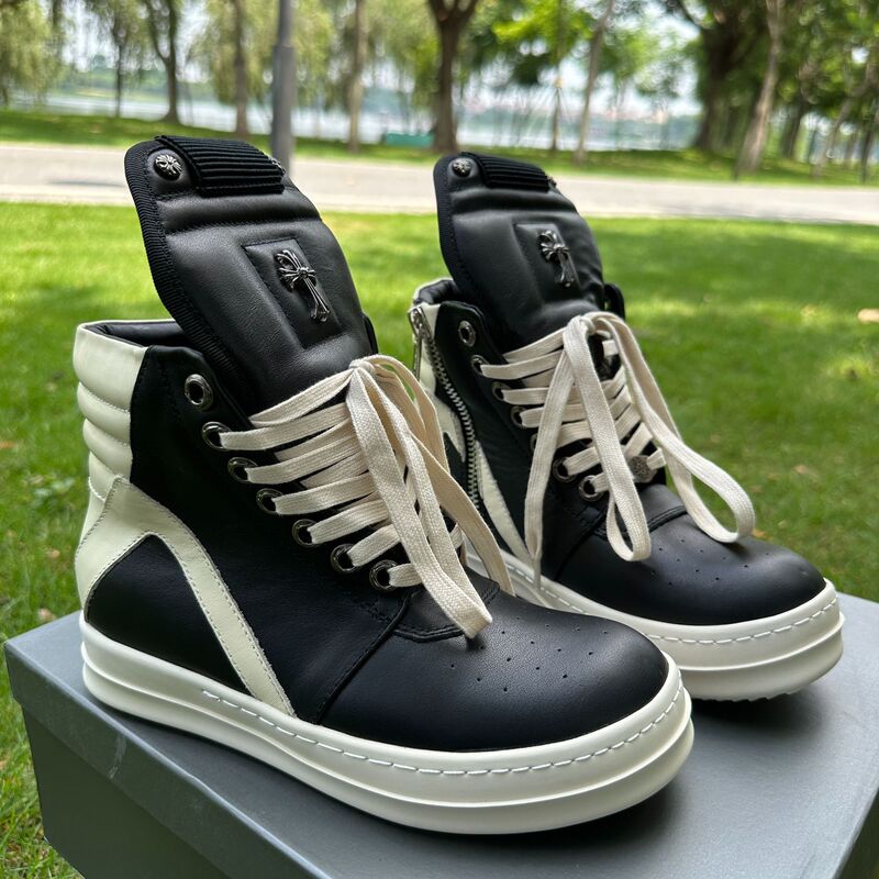 Inverted Triangle Black and White Genuine Leather Large Size Thick-Soled High-Top Casual Sneakers European and American Dark Style Couple's Short Boots Skateboard