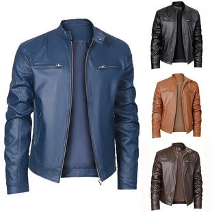 Cross-Border 2025 High-Quality Men's Stand-Up Collar Slim Leather Jacket Zipper Pocket Decorative Leather Motorcycle Men's Leather Jacket
