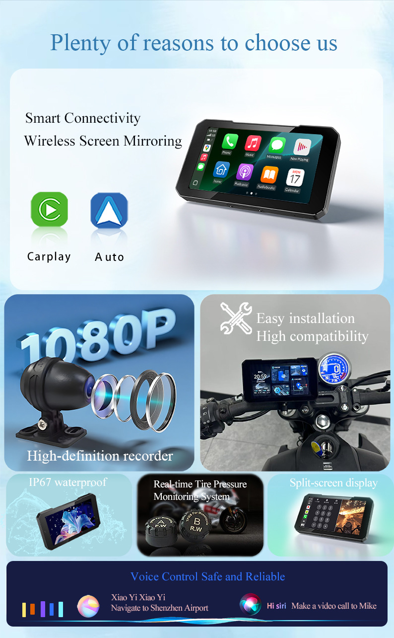 Motorcycle Smart Navigation System CarPlay/Android Auto Wireless Screen Mirroring Dash Cam Waterproof