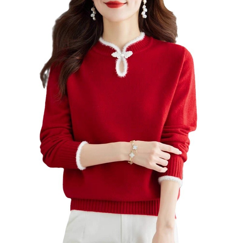 (2개) 2024 새로운 가을과 겨울 드래곤 년 옷 플러스 사이즈 빨간 스웨터 중국 여성 의류 중국 스타일 기본 셔츠 여성