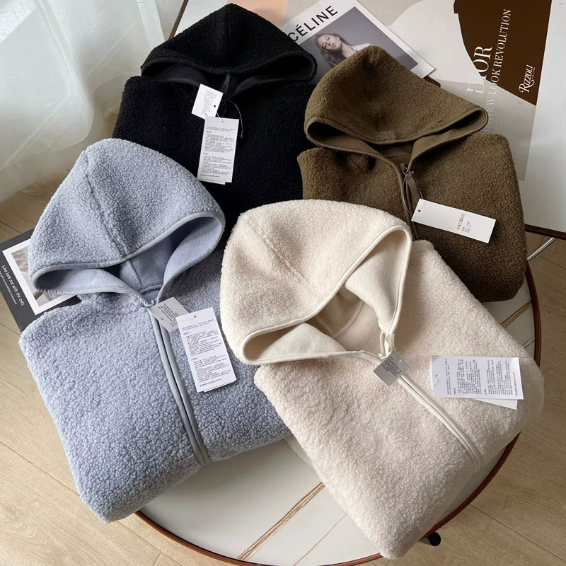 Женская цельная куртка-худи на осень-зиму, теплая и свободная, из овечьей шерсти, на молнии, модель 430644