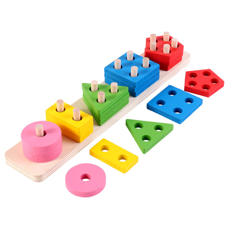 Wooden Early Education Five-Piece Set of Columns, Baby Geometric Intelligence Board Shape Matching Building Blocks Toy Teaching Aids, Early Childhood Enlightenment