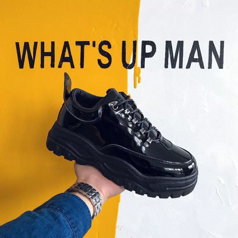 Туфли для папы на толстой подошве в том же стиле Quan Zhilong для мальчиков, спортивные кроссовки в гонконгском стиле, маленькие кожаные туфли в британском черном цвете ulzzang