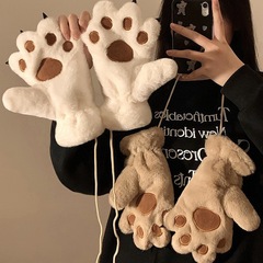 卡通可爱熊掌猫爪毛绒手套女挂脖少女学生加绒加厚防寒冬季骑车潮