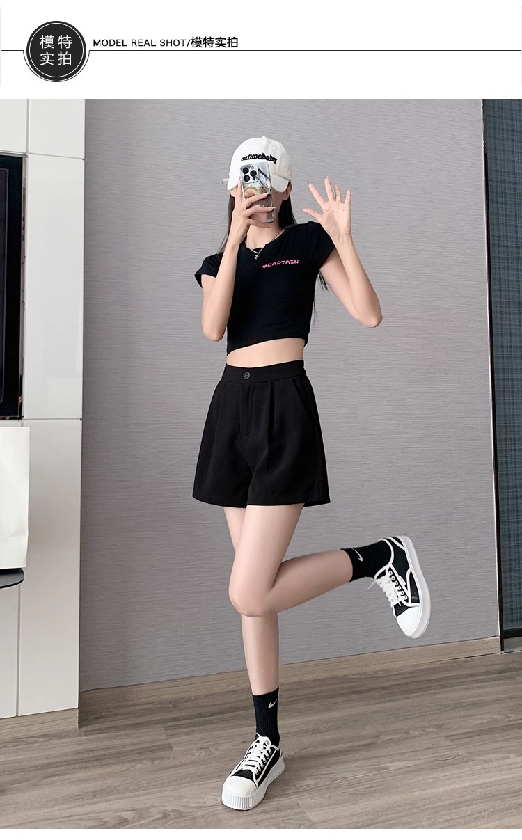 Quần short nữ cạp cao dáng chữ A ống rộng mùa hè — Màu đen (gửi thắt lưng xoắn khóa ngẫu nhiên) chi tiết 17