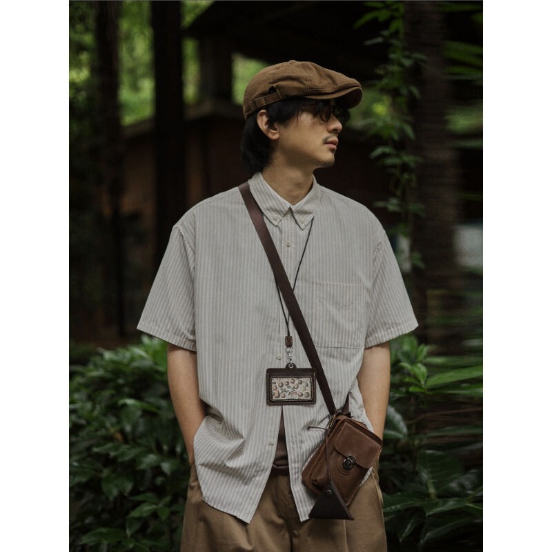 Crisis Youth Vertical Striped Short Sleeve Shirt for Men, Summer Lightweight Japanese Retro Loose Artistic Old Money Style Shirt