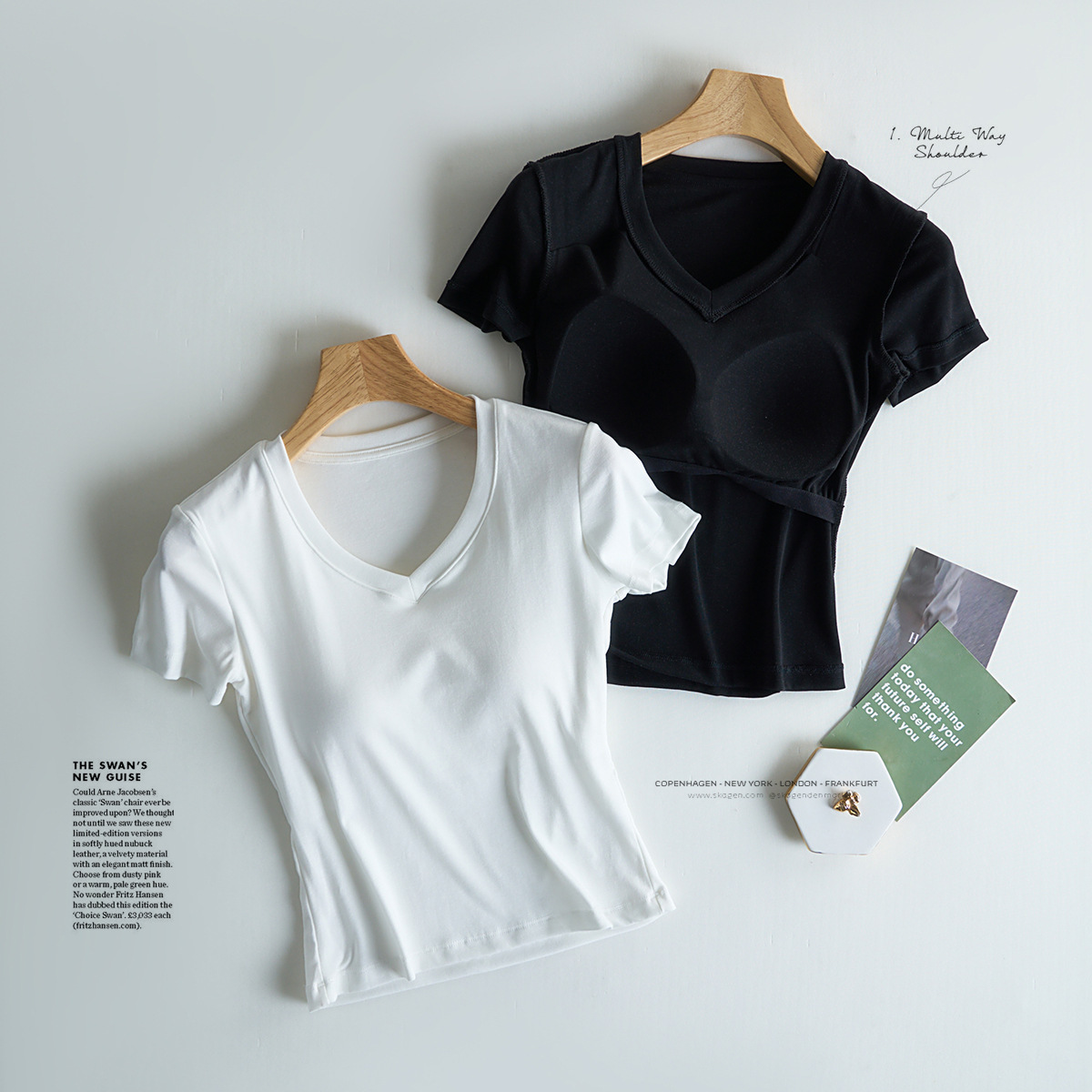 Tensei Lesser Almohadilla para el pecho con cinturón de algodón para mujer Camiseta blanca de manga corta con cuello en V para mujer Verano nuevo top casual de nicho de hombro