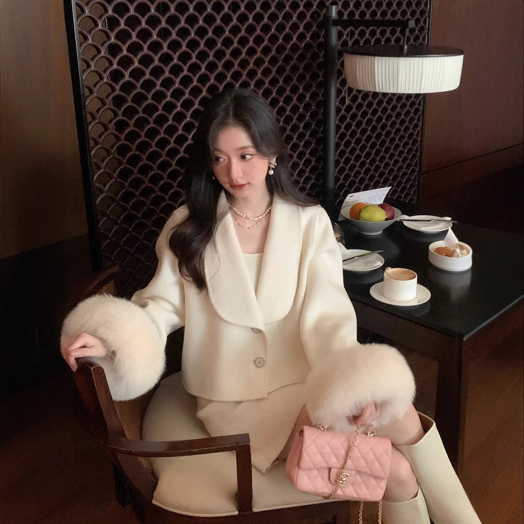 2025秋冬新款小个子双面羊绒大衣女狐狸毛领高级感羊毛呢皮草外套