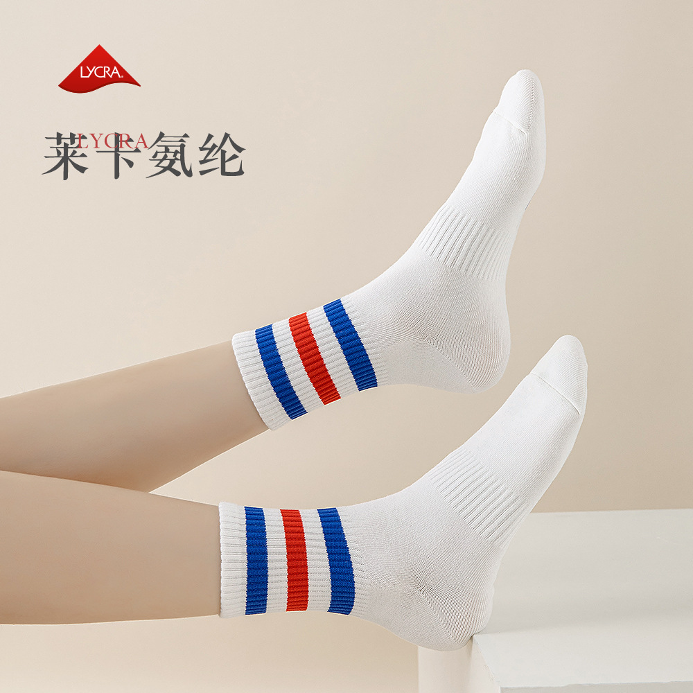2023新品襪子女春秋男外穿純棉吸汗透氣條紋運動棉襪中筒潮襪批發