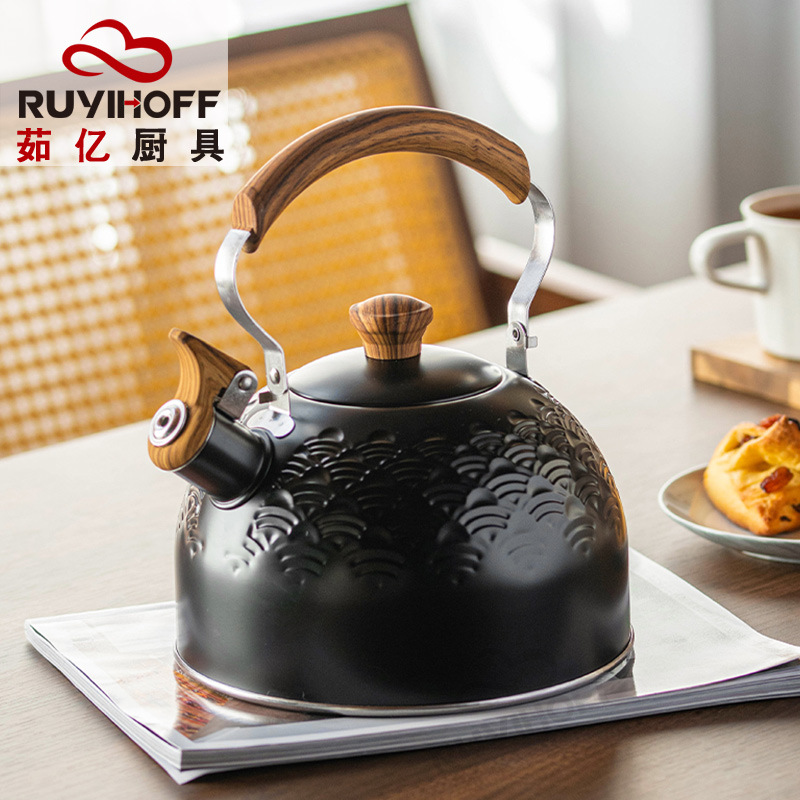 Original de estilo europeo Xiangyun patrón de acero inoxidable hervidor de agua 2.5L negro canto olla transfronteriza silbato creativo hervidor de agua image 5