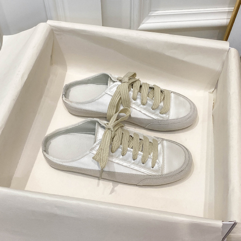 in stock sheepskin version ~ Spanish niche shoes satin covered head half drag pedal dirty shoes women's versatile white shoes