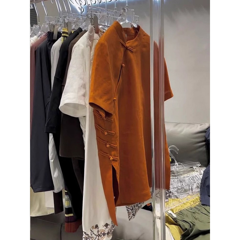 2025 Summer New Style Oblique Lapel Buttoned Stand Collar Shirt Women's T-Shirt New Chinese Style National Style Vest Shirt Loose Top