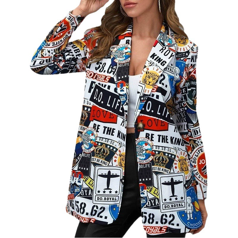 Трансграничная Внешняя торговля Европейская и американская Amazon 2024 Весенняя Модная тонкая куртка средней длины с принтом, повседневный маленький костюм для женщин