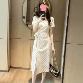 法式优雅风v领波点连衣裙女新气修身时尚特小个子中长裙子图片色