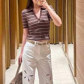 女装法式优雅气质简约条纹POLO领弹力短袖套头针织衫夏季修身上衣