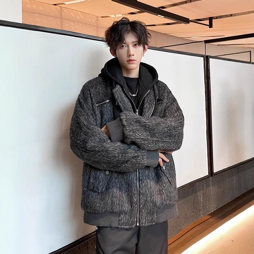 Trendy grey woolen warm jacket, cool and stylish American style, men's autumn and winter hooded faux two-piece thickened feel