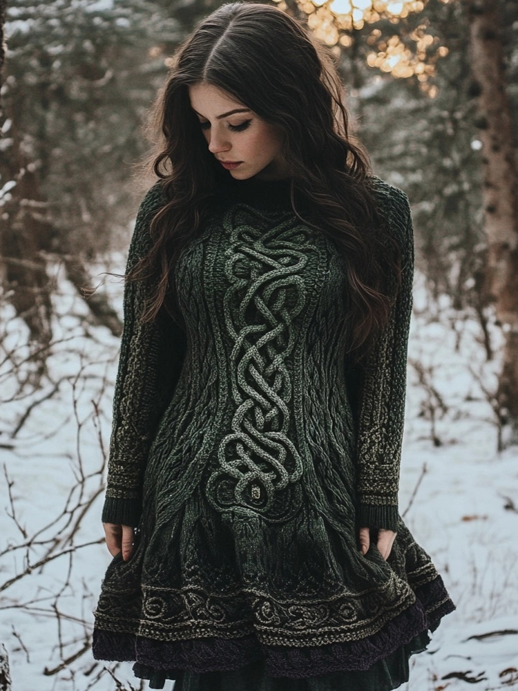 Autumn/Winter High-Neck Dress Sweater With Vintage Braided Sleeves And Long Sleeves For Women_ecoleips.com