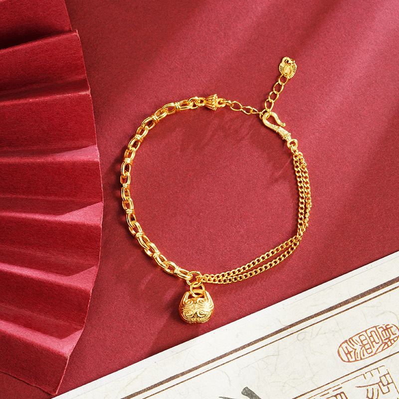 Guochao Guofa sha pulsera de oro guochao cara de pez de madera Ping An Fu pattern pulsera femenina joyería de estilo de corte al por mayor