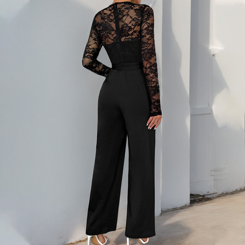 Amazon 2025 New European and American-Style Lace-Mesh Patchwork Zip-Up & Tie-Front Solid-Color Loose Jumpsuit