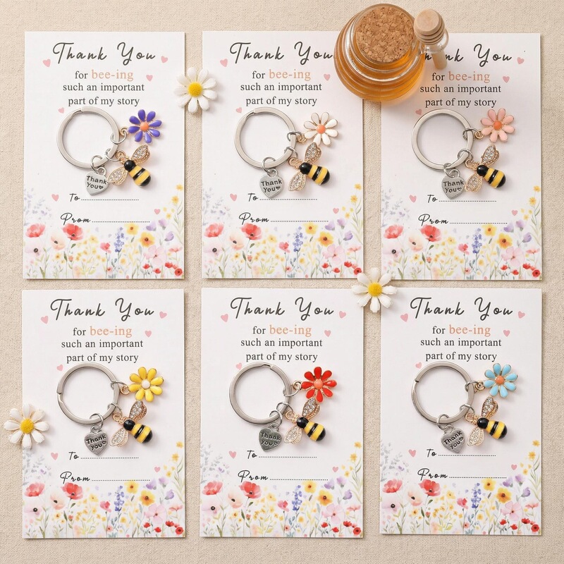Cross-Border Hot-Selling Thank You English Thank You Card Bee Daisy Heart Pendant Keychain Holiday Gift