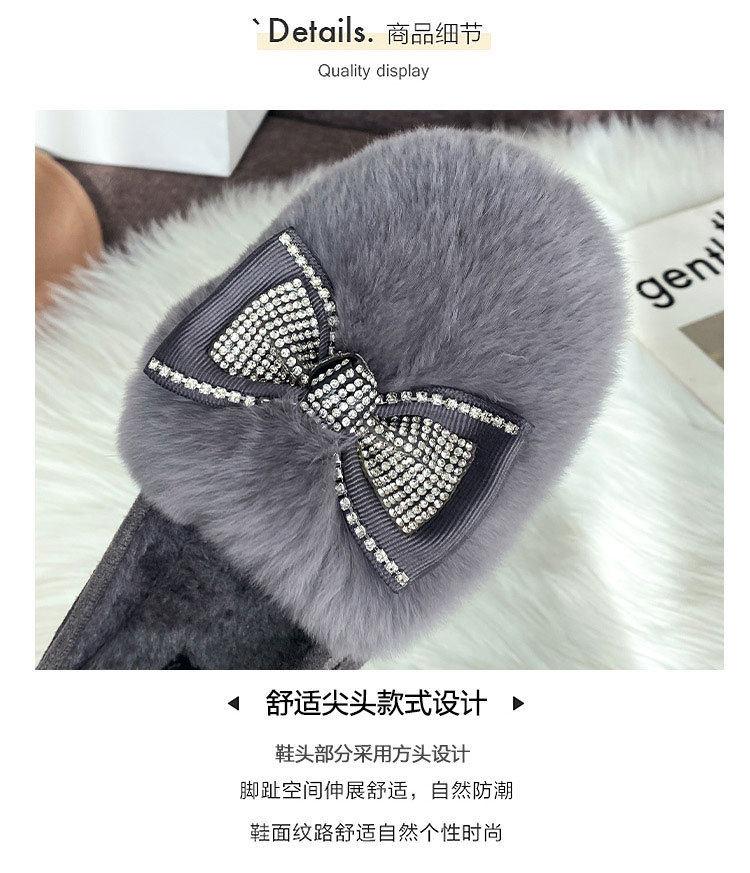 Giày lười nữ đế bệt lông thỏ trang trí nơ, giữ ấm — Màu xám, Màu đen chi tiết 8